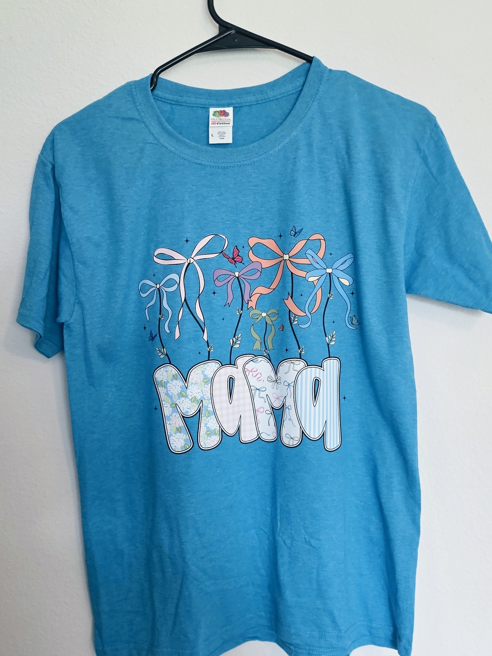 Fruit of the Loom Custom Bright Blue 'Mama' Graphic Tee with Multicolor Bows